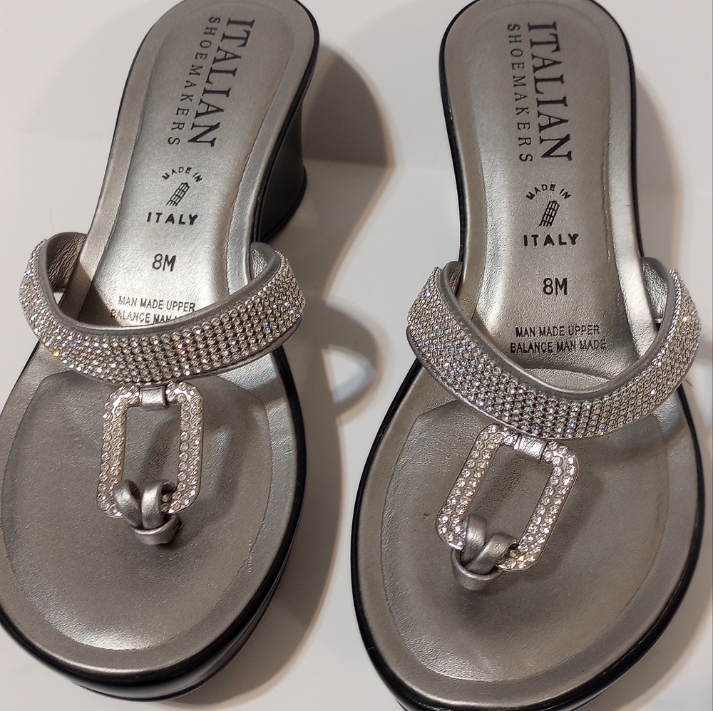Italian Shoemakers Rhinestone Metallic Silver and Black Wedge Slip Ons SZ 8